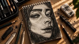 Drawing a Realistic Female Portrait with Charcoal ✏️ | Charcoal Sketching Process