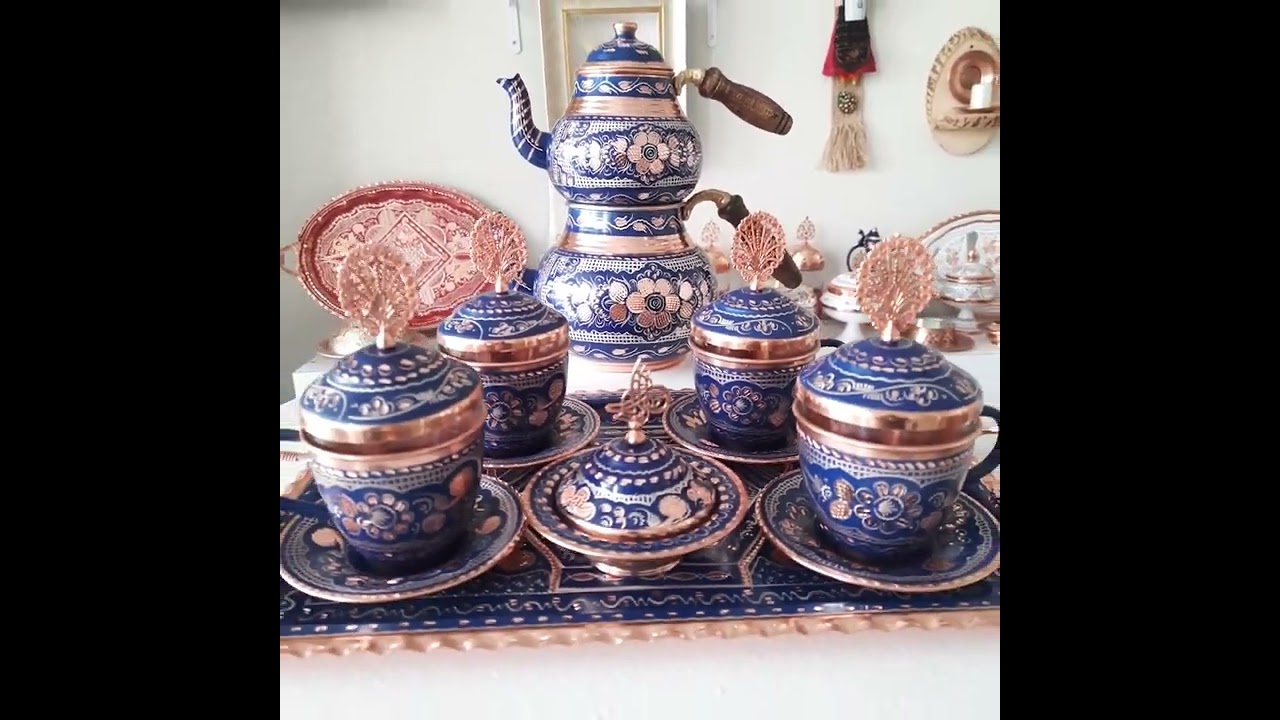  Copper Tea Set Blue, Tea Pot, Copper Tea Cups, Ottoman Copper Tea Set, Copper Serving Tray, Arabic