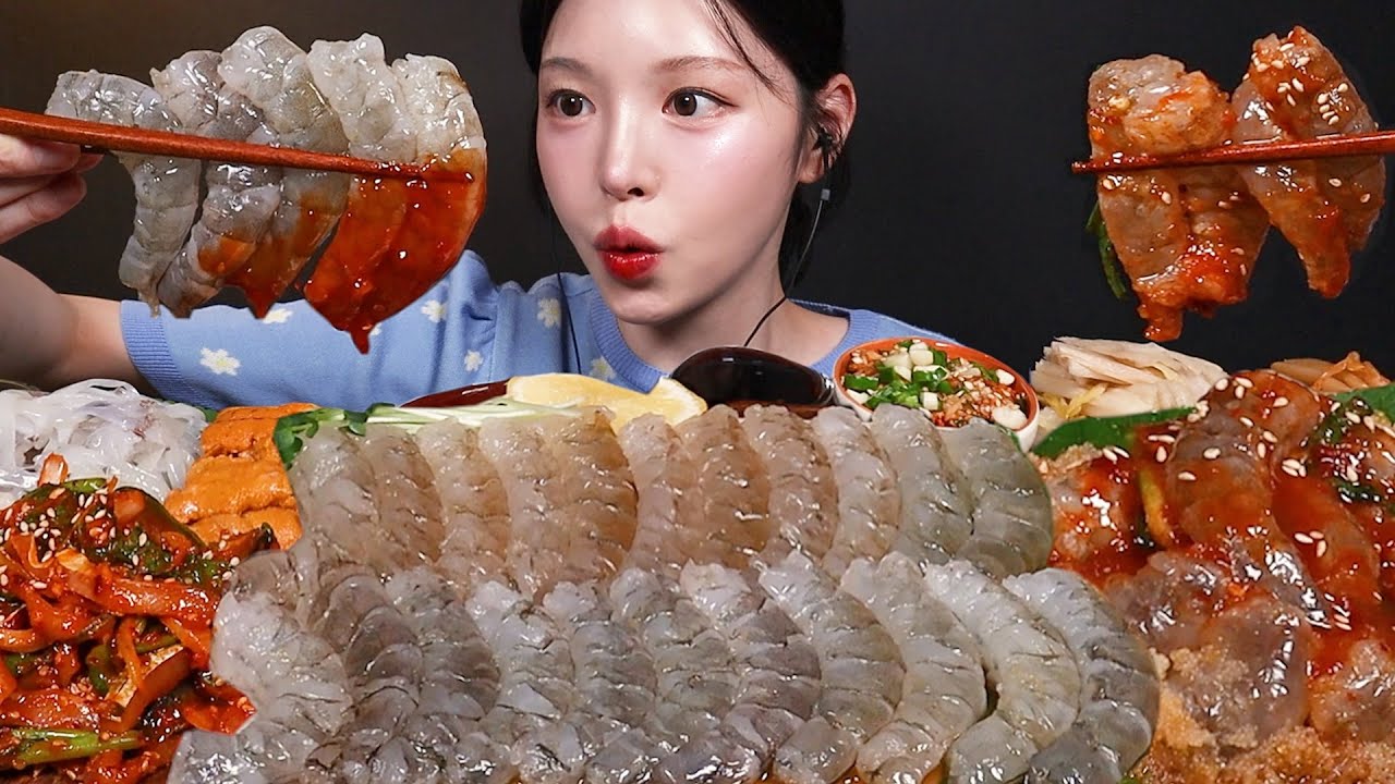 SUB)탱글오독 생새우 먹방!🦐 양념새우회 전어무침 오징어회까지 제철 해산물 꿀조합 Raw Shrimp Seafood Mukbang Asmr