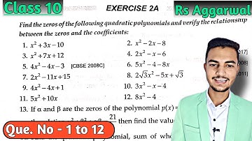 Class 10 Ex 2A Q1 to Q12 Polynomials | Rs Aggarwal 2023 | Chapter 2 | CBSE | ICSE | Md Sir class 10