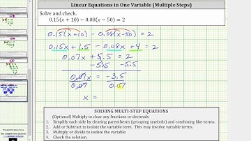 Solve a Linear Equation with Decimals and Parentheses 0.15(x+10)-0.08(x-50)=2 (No Clearing)