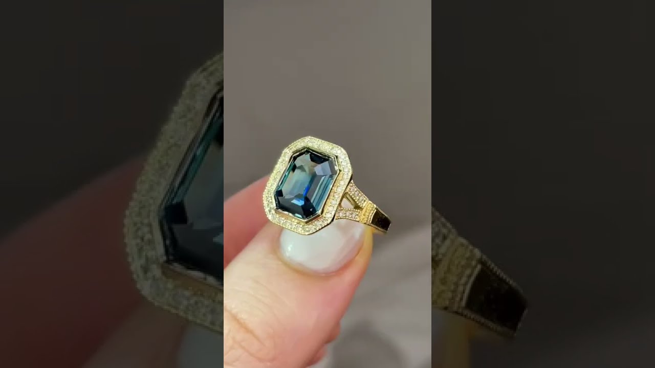  Vintage Inspired FFJ Bespoke Ring A Bezel Set Teal Sapphire With Milgrain Halo In Yellow Gold