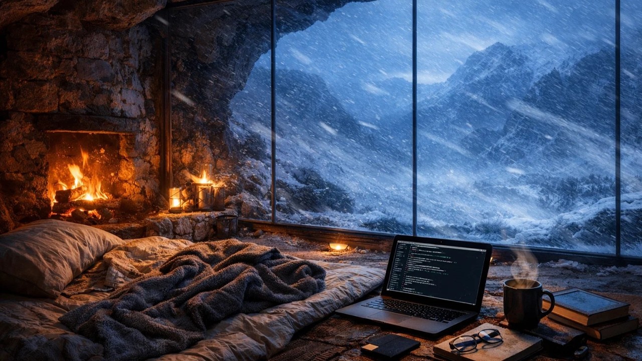 Coding in a Blizzard | 2 Hours Cozy Cave Sanctuary | Lo-fi Study & Relax