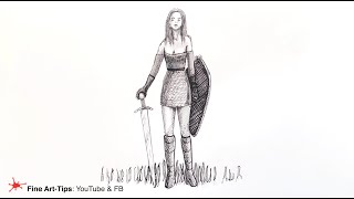 HOW TO DRAW A PRETTY WOMAN WITH A SWORD - with ink