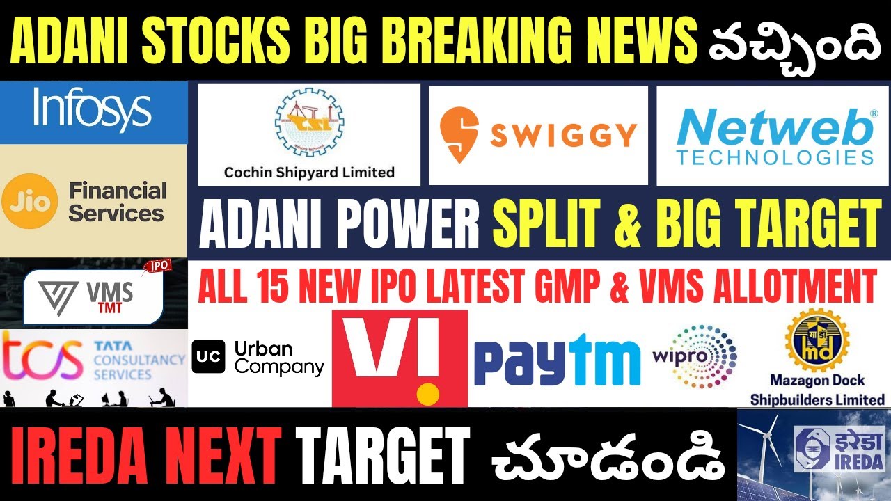 Adani Power • Paytm • VI • Jio Fin • Swiggy • Infosys • IREDA • TCS • Urban Co • Netweb • Cochin