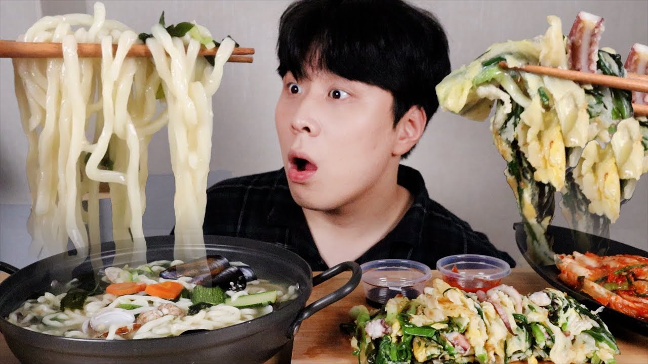 ASMR MUKBANG 해물칼국수 해물파전 먹방 ASMR SEAFOOD NOODLES & SEAFOOD GREEN ONION PANCAKE MUKBANG EATING SOUND
