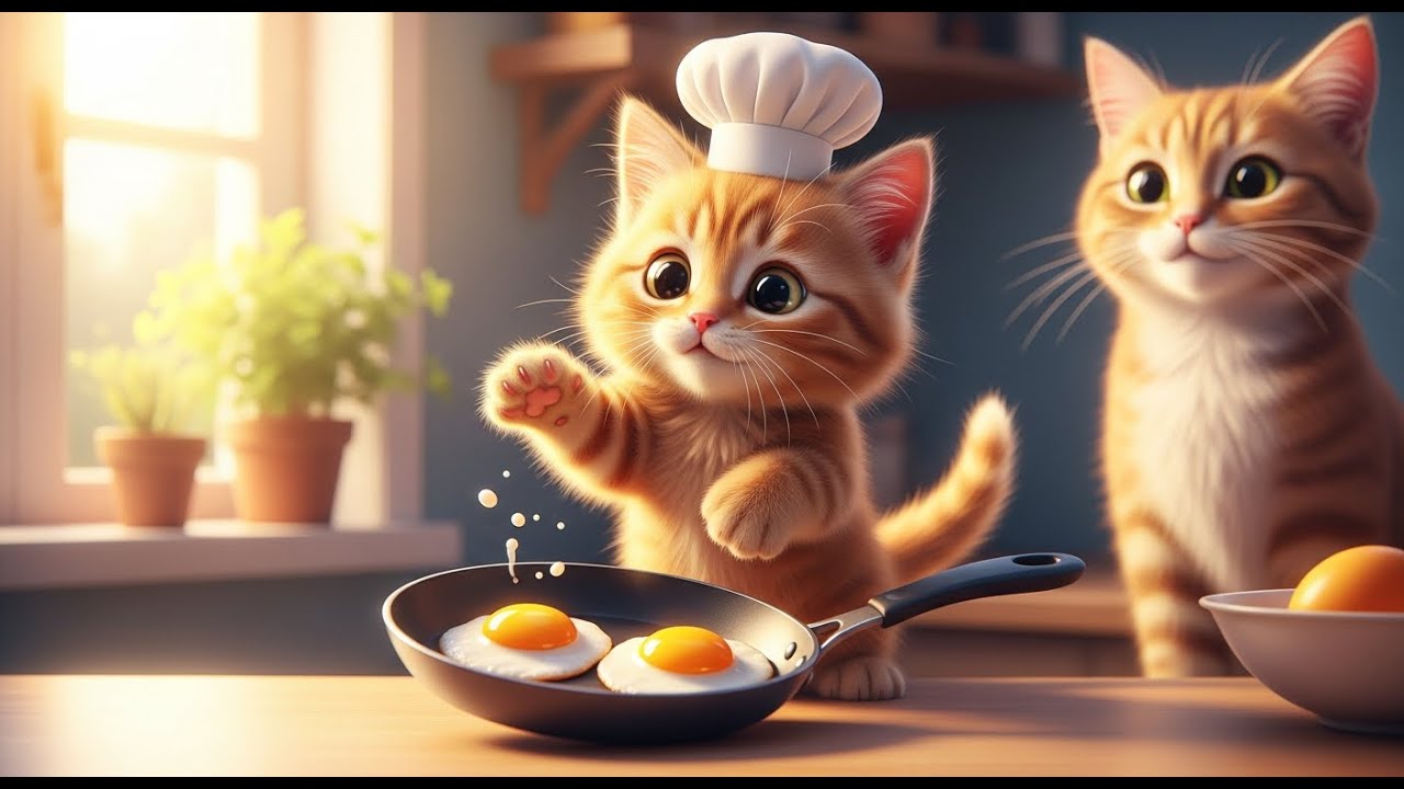 Ginger Tries to Cook Breakfast for Mama Cat — A Sweet Morning Surprise 🍳🥚💖