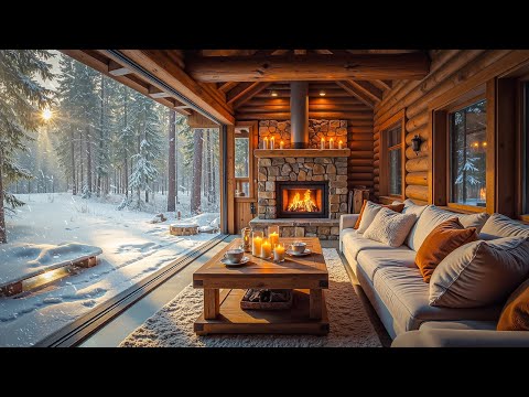 Peaceful Winter Morning Scenery ⛄ Cozy Porch with Jazz Music, Fireplace Ambience to Relax