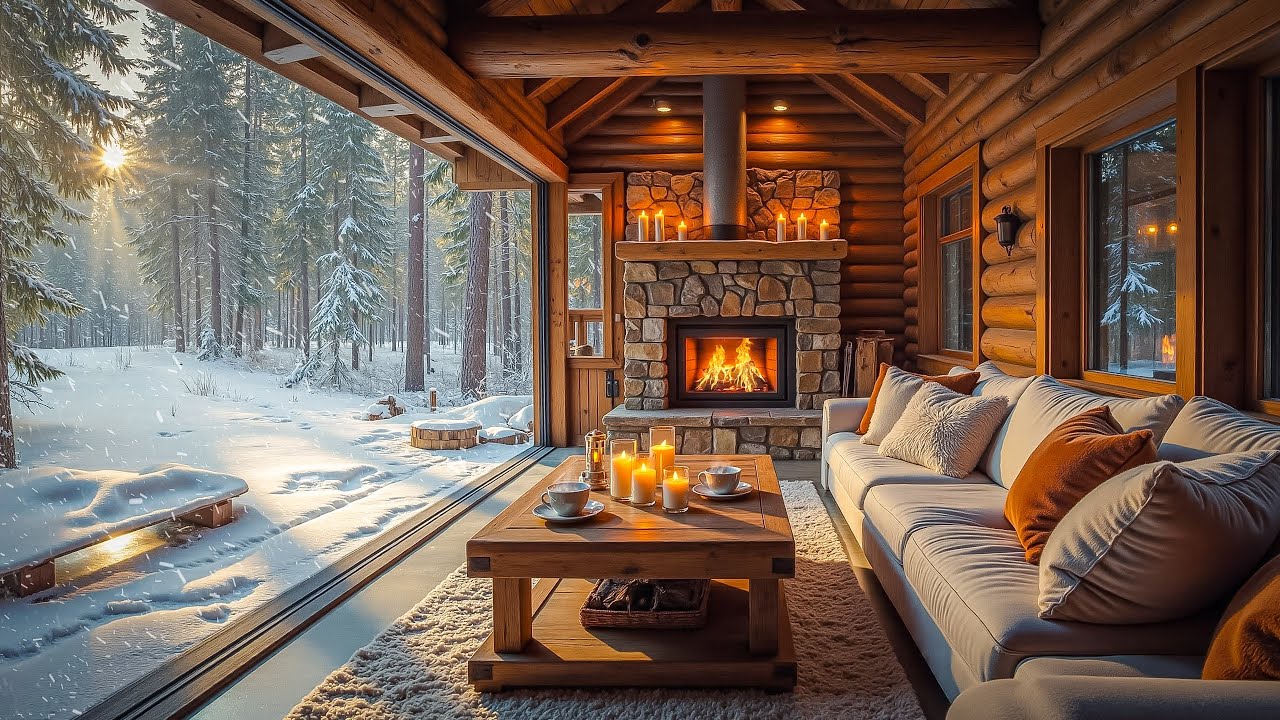 Peaceful Winter Morning Scenery ⛄ Cozy Porch with Jazz Music, Fireplace Ambience to Relax