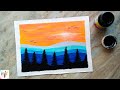 Easy Orange Sunset Mountain Pine Tree Acrylic Monochrome Painting | #dailychallenge34 | Paint It