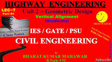 Highway~Transportation Lec 7~U2~Geometric Design Part D1 Vertical Alignment(Gradients) by BK Mahawar