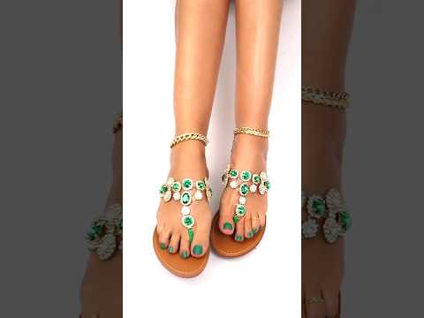 Emerald Green Jeweled Flip Flops Sandals