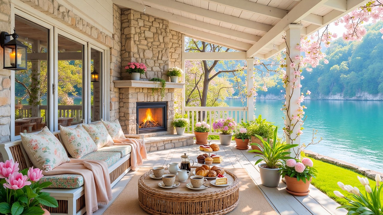 Relaxing Piano Music on Spring Porch for a Peaceful Morning 🌸 Soothing Morning Piano & Fireplace