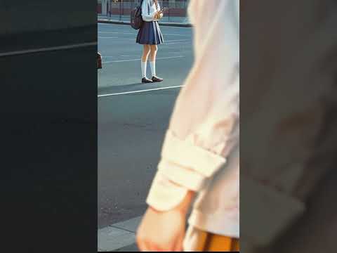 Urban bus stop, young, pretty high school girl in school uniform waiting alone for the bus