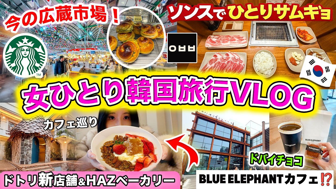 【韓国旅行】ソウル女一人旅👜広蔵市場（ABEBE・スタバ）からソンスへ！大人気カフェDOTORI OVENとBLUE ELEPHANTで買い物🕶最後はソンスの絶品ひとりサムギョVLOG