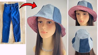 💖 Bucket hat cutting and sewing made with unused Jeans | Reversible Sun Hat | JEANS RECYCLING IDEAS