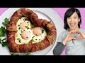 DIY LOVE SAUSAGE - bacon-wrapped-heart-shaped-fried-egg-filled sausages - Valentine's Day Recipe