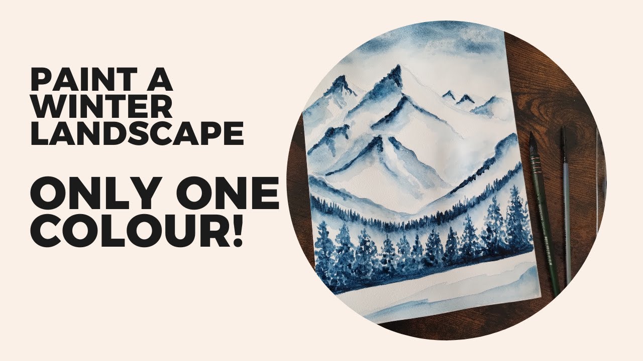 How to paint a simple landscape in watercolor using one colour: winter in the mountains, tutorial