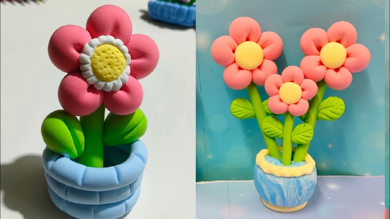 How to make a simple pink flower pot from light clay - YouTube