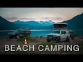 Peaceful asmr camping on a beach and crackling campfire with my toyota fj cruiser