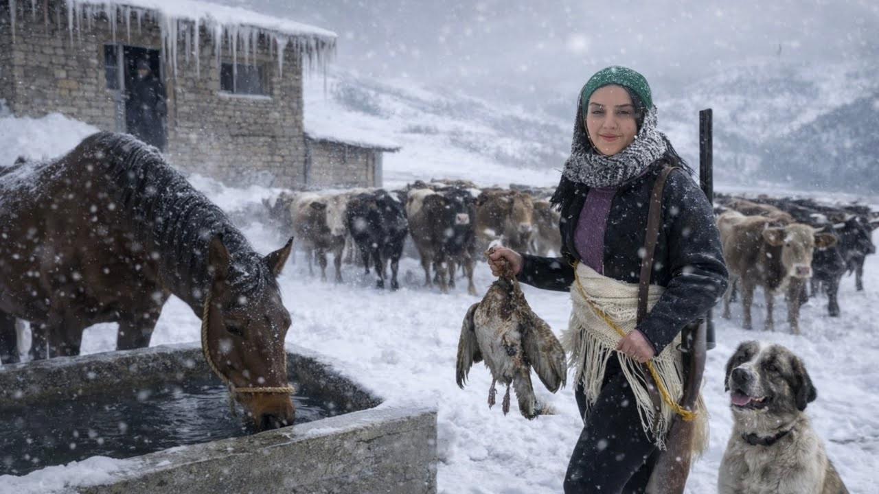 Hard rural life in the snowy mountains; cooking traditional food