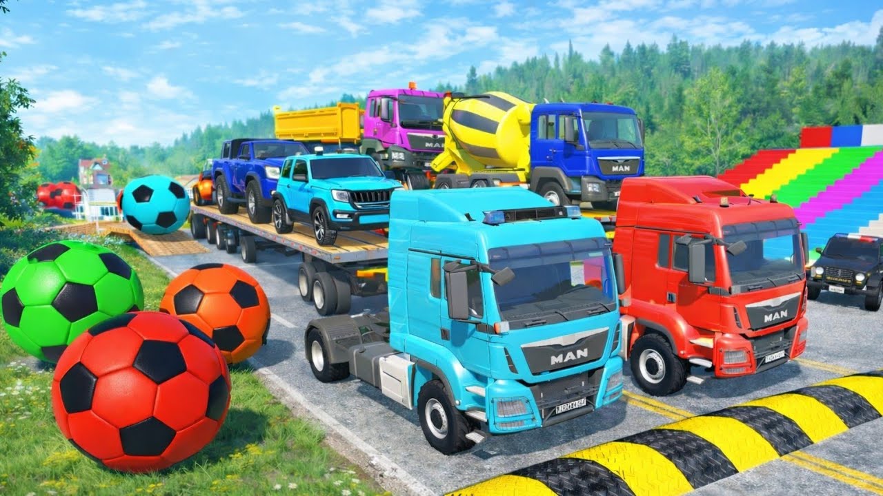 Flatbed Trailer Mcqueen Transportation with Truck | Cars vs Speedbumps vs Train | BeamNG.Drive #01