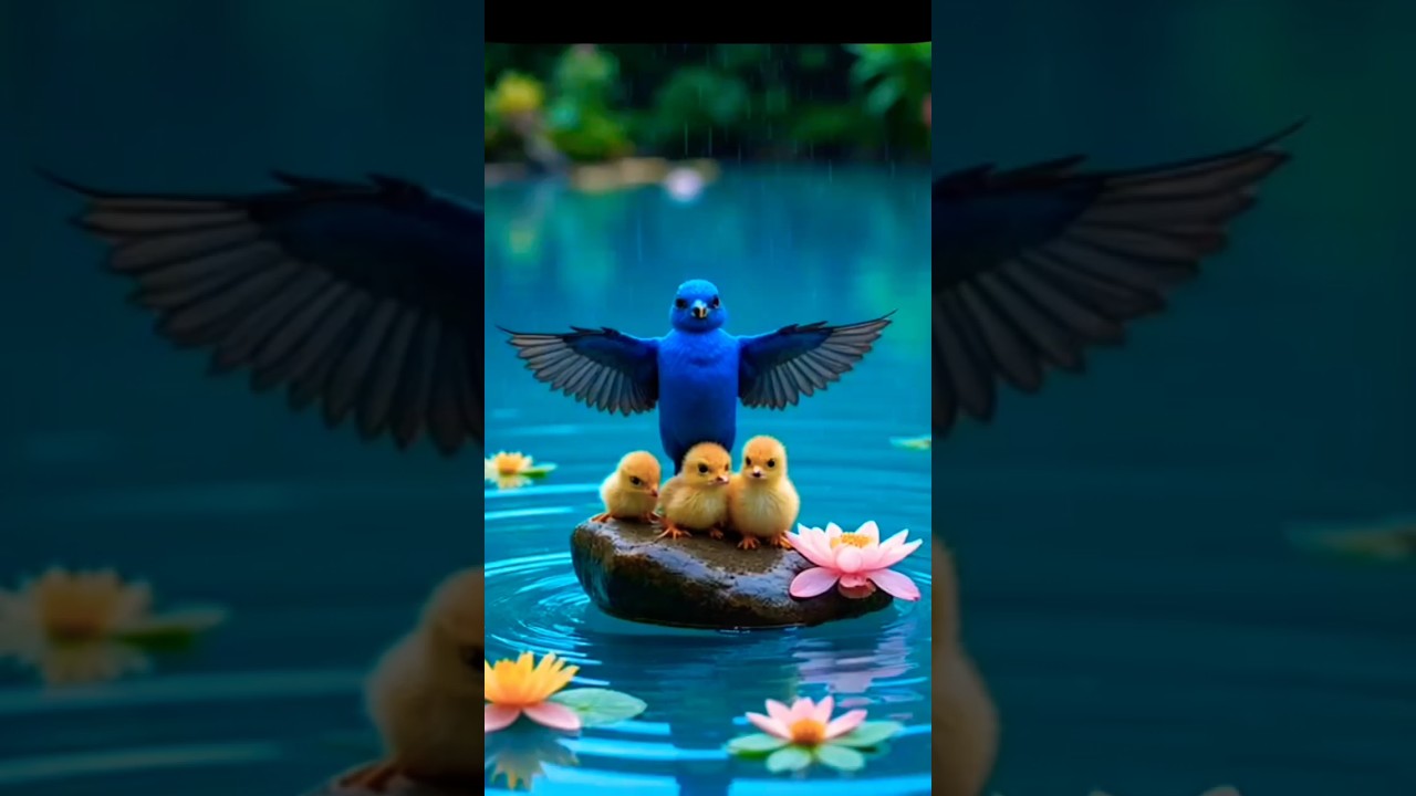 Blue Bird Protects Her Chicks on a Flower Stone | Peaceful Rainy Scene in HD