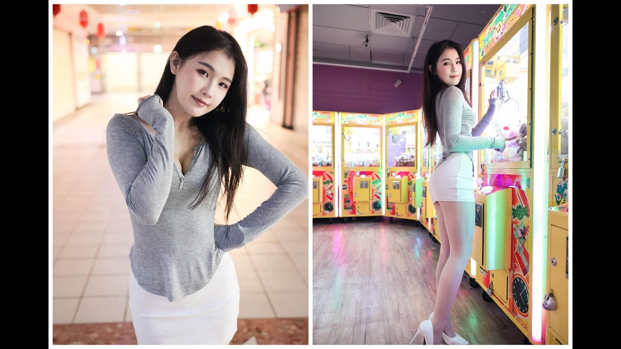 [4K] 小花-台北女孩休閒穿搭/灰色緊身開釦上衣搭配色窄裙絲襪/grey tight buttoned top with colored narrow skirt and stockings