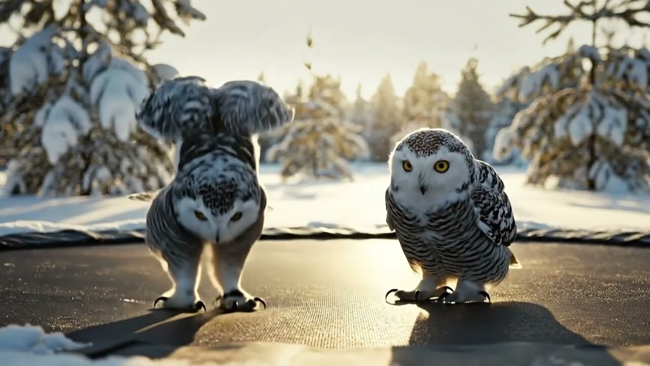 Snow owls jump on trampoline