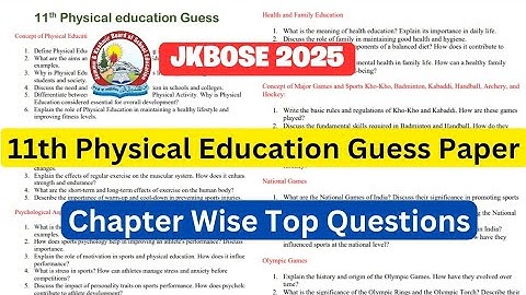 JKBOSE 11th Physical Education Guess Paper Chapter Wise Top Questions 🔥 Physical Education Guess