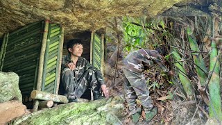 Make a shelter under a large rock to stay safe from the rain and find bamboo shoots.