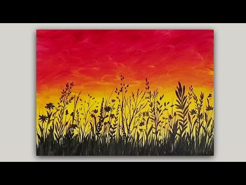 Acrylic Painting Wildflowers at Sunset Silhouette Easy Beginners Tutorial
