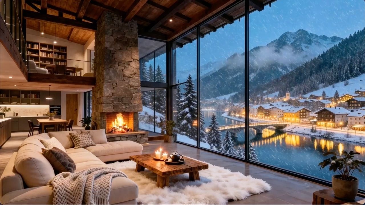 Crackling Fireplace and Snowy Cabin Views with Calm Piano Jazz | Winter Ambience for Relaxation