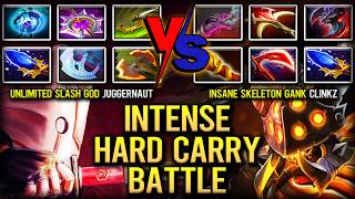 INTENSE HARD CARRY BATTLE | UNLIMITED SLASH GOD JUGGERNAUT VS. INSANE SKELETON GANK CLINKZ DOTA 2