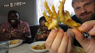 Fiancé eats chicken feet for the first time.(African food)
