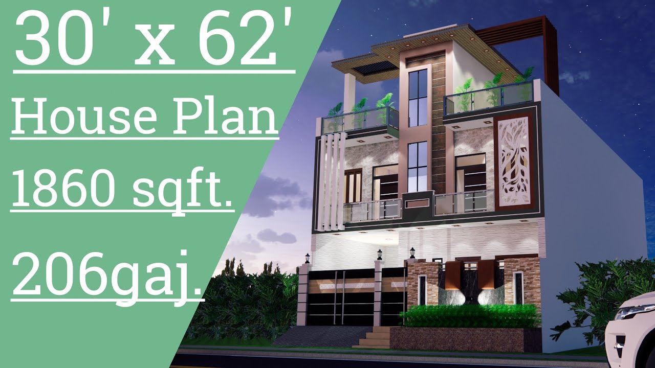 30 x 62 (206gaj) house plan with car parking 1860sqft 4bhk house plan ...