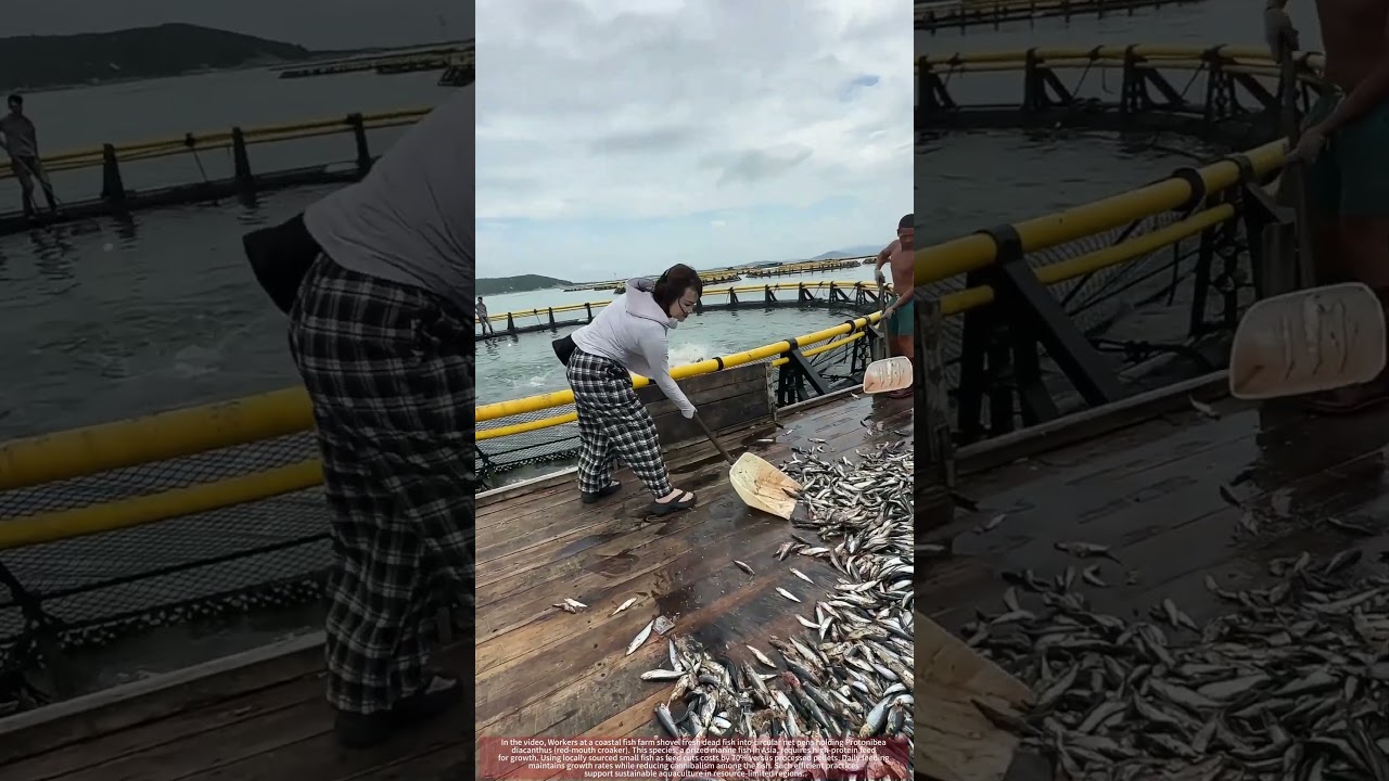 Coastal Fish Farm Daily : Shoveling Fresh Feed to Prized Croakers