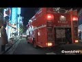歩行者に警告する東京消防庁ポンプ車。Fire engine to warn a walker blocking a course of.