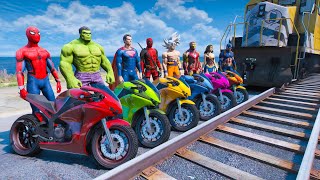Racing Motorcycles Superheroes Ramp Challenge - Avoid Train Attacks
