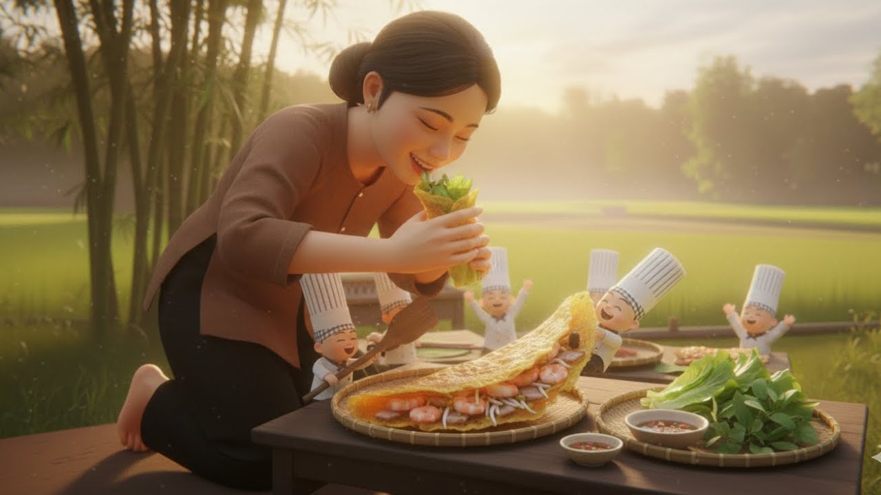 Маленькие повара готовят вьетнамские бань сео | 5D-анимация хрустящих блинчиков