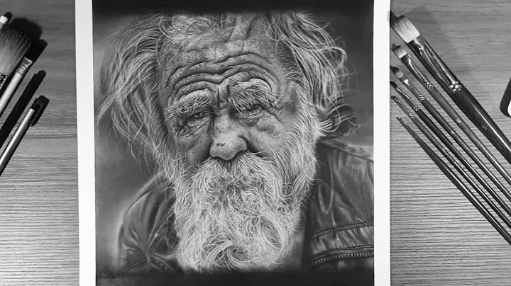A hyperrealistic drawing of an old homeless man.