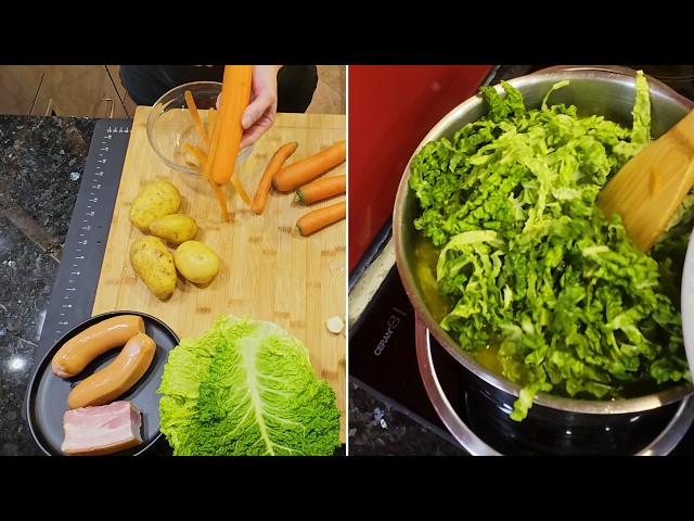 Herzhafter Wirsingeintopf mit Knackwurst und geselchtem Speck – einfach gekocht