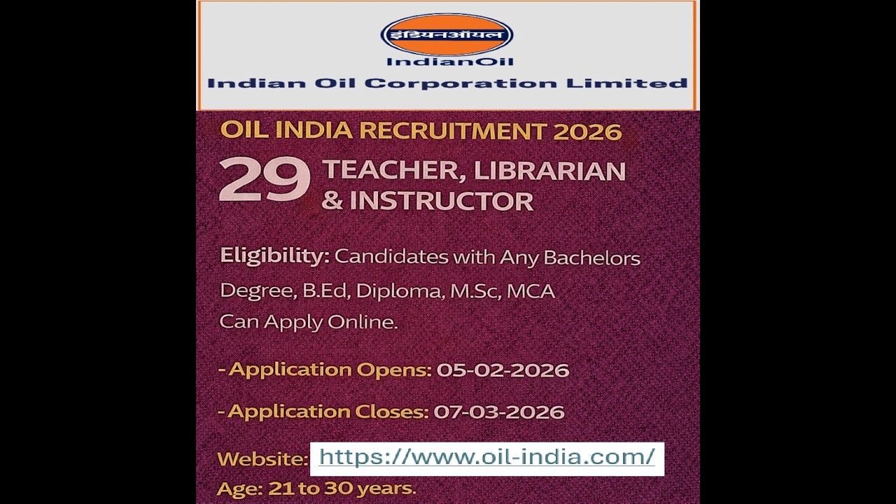 Oil India Recruitment 2026 - Apply Online for 29 Teacher, Librarian and Instructor Posts, 