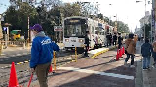 阪堺電車モ161形61編成あびこ道行き,モ351形54編成|あびこ道|行きと1001形3編成(青らん)、モ701形6編成天王寺駅前行きとモ601形3編成浜寺駅前行きそれぞれの発着発車通過シーン