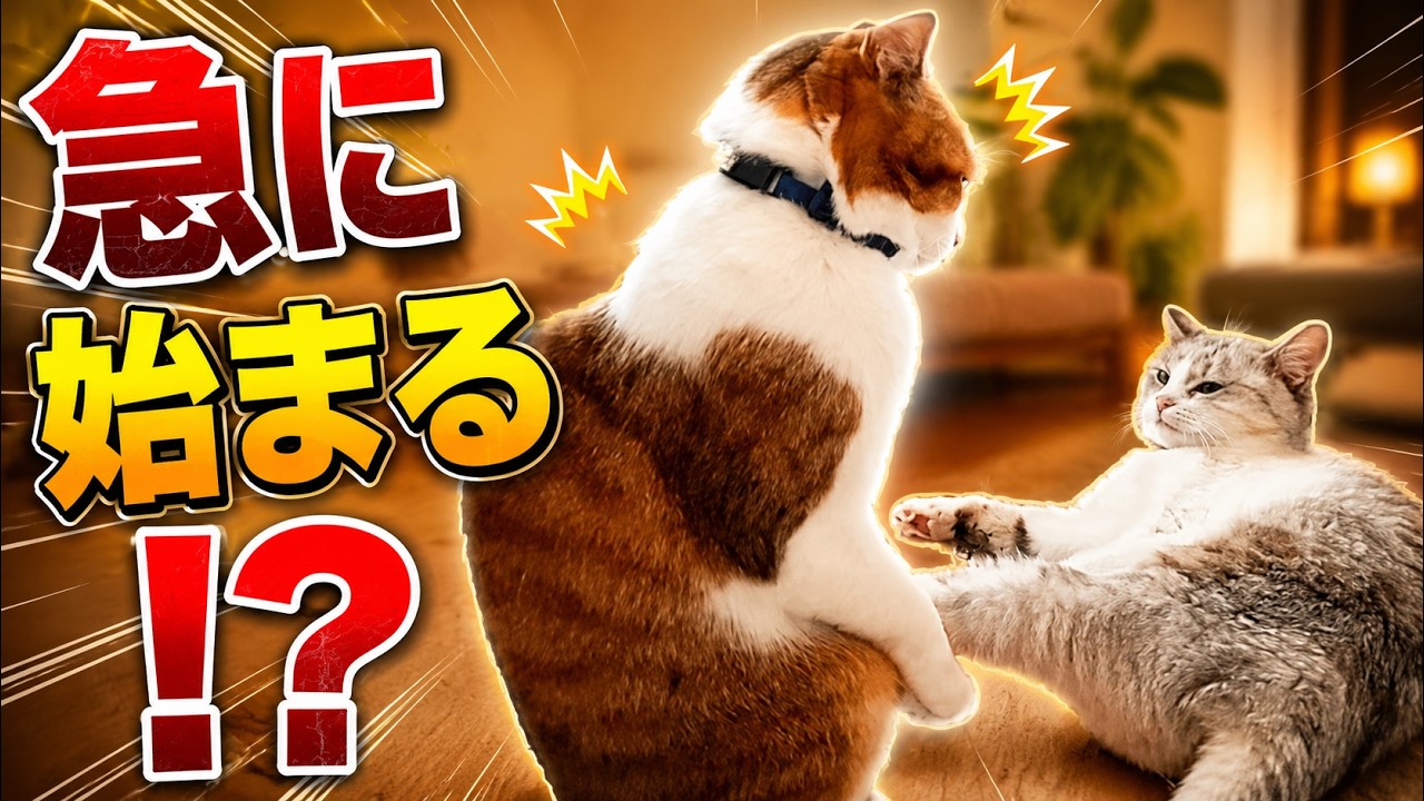 猫動画】仲良し猫ボクちゃんとパンダちゃん、まったりと思いきや急に