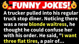 🤣FUNNY JOKES!🤣A trucker pulled into his regular diner, and tries to confuse the new blonde waitress screenshot 3