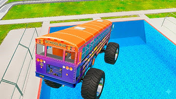 School Bus Down In Swimming Pools – Insane BeamNG Drive BMG Crash You Must See