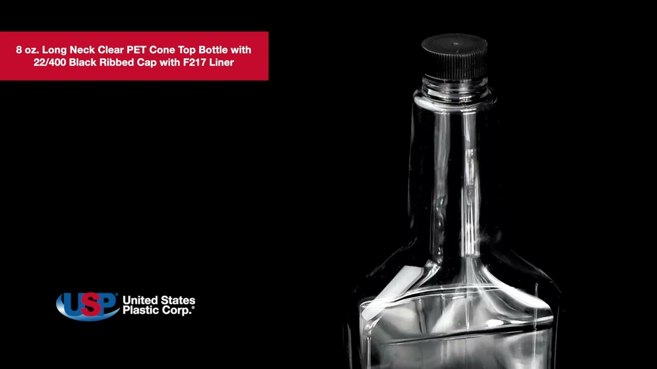 8 oz. Long Neck Clear PET Cone Top Bottle-Black Ribbed Cap | U.S. Plastic Corporation®