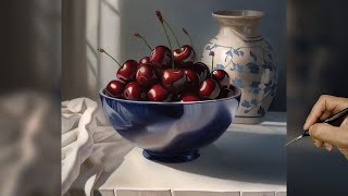 Still Life Realistic Oil Painting of Cherries | Timelapse