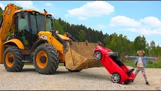 Daddy Ride On The Tractor Excavator And Helps Sofia Which Stuck On Childrens Car